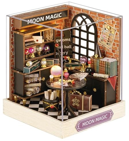 Cuteefun DIY Puppenhaus Miniatur für Staubschutzhaube, Anfänger zum Bauen | Miniatur Puppenhaus zum Selber Bauen, Minaturen Häuser Kit mit Werkzeugen, Bastelset Häuschen Holz (Mondmagie)