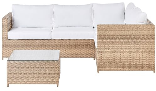 Beliani Conjunto de jardín de ratán sofá esquinero Mesa de Centro Tablero de Cristal Madera Clara Cojines Blanco Crema Avola