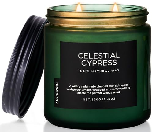 M&SENSE Celestial Cypress Soy Wax Scented Candles Gifts for Men 330g 70 Hour Burn Time Organic Jar Candles Gift for Women 2 Wick Non Toxic Housewarming Candle for Home Decor Family Friend Party