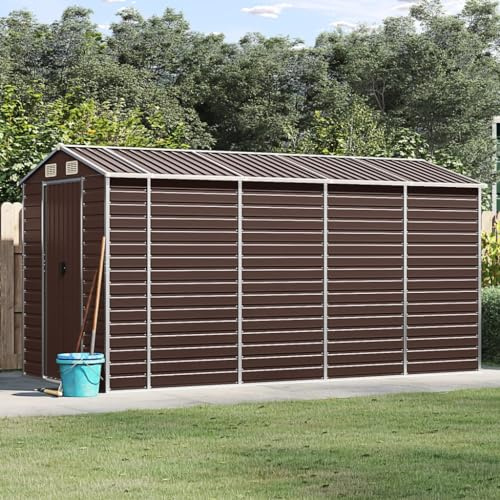 IKAYAA XXL Metall Gerätehaus Geräteschuppen Geräteschuppen Garten Schuppen mit Schrägdach Verzinkter Stahl-Braun-191 x 385 x 198 cm