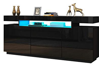 Komtopod LED Sideboard für Wohnzimmer Hochglanz Buffet Schrank Vitrine 160cm TV Einheit Stand 2 Türen 3 Schubladen TV Lowboard Möbel (Schwarz)