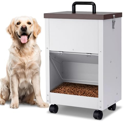 ZHEQOGZH Outdoor Automatic Dog Feeder Large Breed 28 Lbs Capacity, Galvanized Metal Self Feeding Dog Food Dispenser with Clear Door, Gravity Pet Feeder Wall Mountable, Easy to Move with Wheels