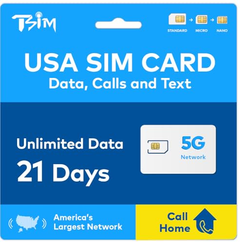 USA SIM Card Valid for 21 Days | Call Home for Free | T-Mobile Network with Unlimited High Speed Data on 5G/4G/LTE | Unlimited Local Calls & Texts to UK + USA (including Hawaii) Number | 5G SIM Card!