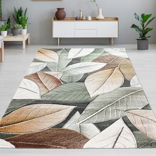 CARPETIA Teppich Wohnzimmer Schlafzimmer grün beige mit Blättermuster weich modern pflegeleicht langlebig Konturenschnitt 3D-Effekt 140 x 200 cm