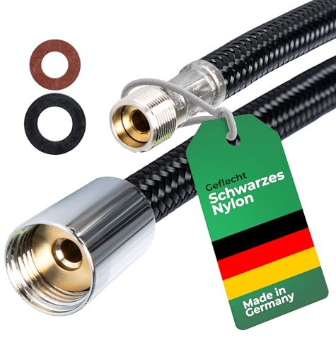 Brauseschlauch M15x1 und 1/2 Zoll Konusmutter 1000mm, schwarzer Panzerschlauch mit Nylon Geflecht für Küchenarmaturen & Badarmaturen mit ausziehbarer Brause, Ersatzbrauseschlauch für Geschirrbrause