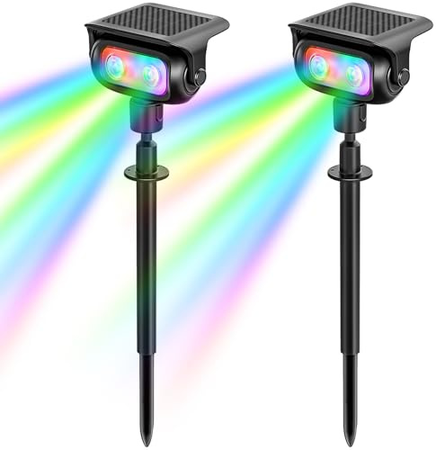 MEEKBOS RGB LED Solar-Gartenstrahler, 2 Stück, 5 Farbwechselmodi | Solarlampe mit Erdspieß und Dämmerungssensor, IP65 wasserdicht, für Garten, Rasen, Wege und Außenbereiche