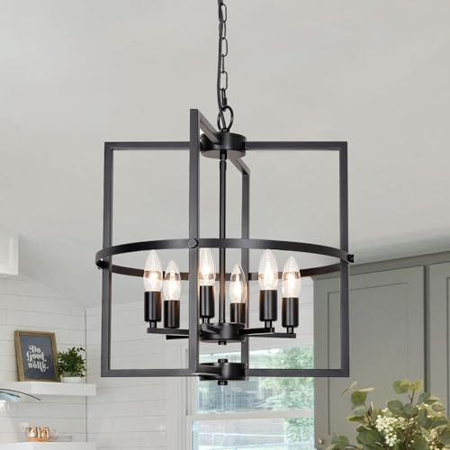 JHLBYL Hängelampe Schwarz 6 Flammige Deckenlampe Landhausstil Lampe Wohnzimmer Hängeleuchte Schwarz mit E14-Fassung Pendelleuchte Vintage für Kücheninsel, Schlafzimmer, Esszimmer