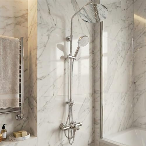 VIMENTI Thermostatic Shower Mixer Set with Solid Brass Valve, Chrome Rainfall & Adjustable Handheld Shower System, High-Pressure Wall-Mounted, Anti-Scald, Easy Installation (with Tub Spout)