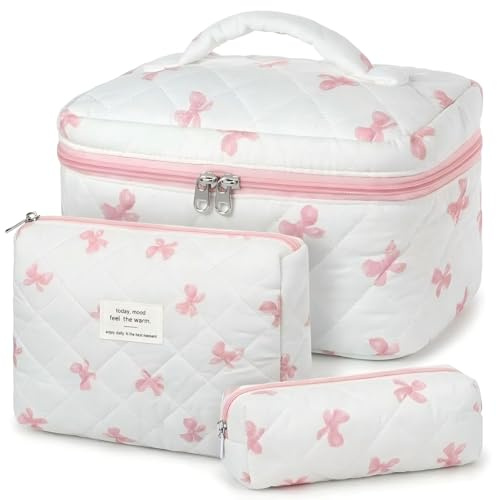 Kosmetiktasche 3er Set,Kulturtasche Damen mit Blumenmuster,Gesteppte Kulturtasche, Tragbare Schminktasche für Reisen & Alltag | Make Up Tasche Frauen Mädchen(Weißer Schmetterling)