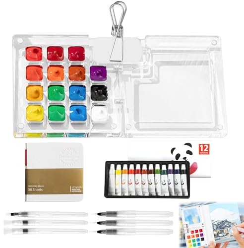 Mini Aquarell Set, Aquarell Set Unterwegs, Pocket Aquarell-Set, Tragbar und Robust, mit Clip, 15-teilige Palette, Bilderbuch, Wasserpinsel und 12 Farben, für Maler, Künstler und Schüler