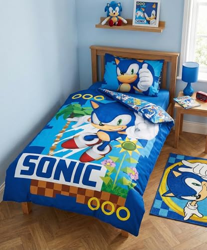 Sonic Babybettwäsche 100x135 + Kissenbezug 40x60 Baumwolle 2-in-1 Geschenk | Wendbare Baby-Bettwäsche | Naturbaumwolle atmungsaktiv Oeko-Tex | Daumen hoch goldene Ringe | SEGA Lizenz | Kinderbett
