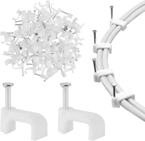 Flat Cable Clips White 100 Pcs for Cat6 Cat7 Ethernet Cable-Clips to Wall with Steel Nails 10mm 12mm Cord Holder Cable Wall Clips & Flat Cable-Clips for Both Indoor and Outdoor (100Pcs White 10mm)