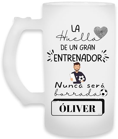 Jarra Personalizada con Nombre para Entrenador/a de Futbol, Regalo para Entrenadores/as, cristal esmaltado, Regalo Original, Regalo Personalizado. Diseño Huella Fútbol