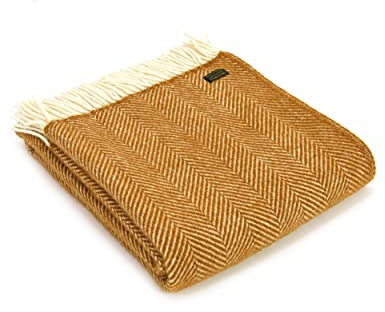 Tweedmill Textiles 100% Pure New Wool Fishbone Throw, Mustard, 150x180cm
