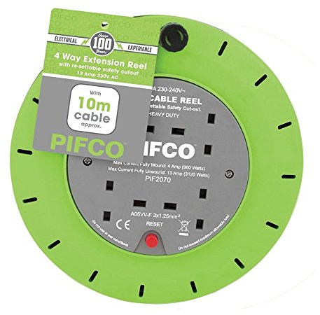 PIFCO Extension Reel Electric Wire Heavy Duty 5M, 10M and 25M Cable in 2 Way and 4 Way Socket Plug with Thermal Fuse and Re-Settable Safety Cutout-13A 230-240V (4 Way 10 Meter)