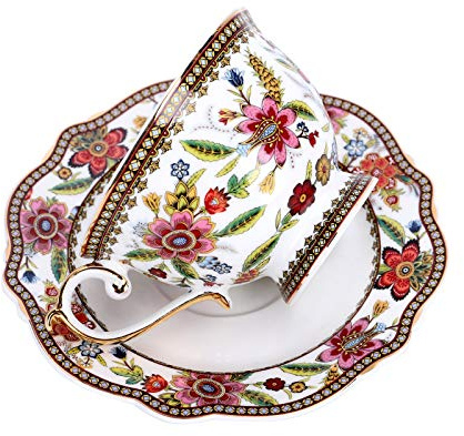 fanquare Tazza di caffè e Piattino in Bone China di Fiori Rossi, Vintage Tazza da tè in Porcellana, 200 ml
