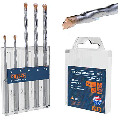 Presch Set Punte SDS-plus 5 pz. - Set Punte Trapano Battente SDS per Calcestruzzo, Pietra, Granito, Mattone e Muro - Set Punte Alte Prestazioni SDS Professionali - Punte SDS-plus Ø 5-10mm