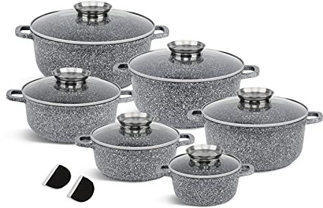 EB-8144 - Keramiktöpfe - Antihaftbeschichtung - Granit-Töpfe mit Deckel - Perfekt für Gas, Elektro, Halogen, Keramik und Induktionsherde