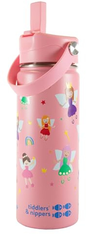 tiddlers & nippers Stainless Steel Vacuum Insulated Double Wall Kids Reusable Water Bottle with Leak Proof Straw 500ml | Keeps Cool for 24hrs & Warm for 10hrs + (Fabulous Fairies)