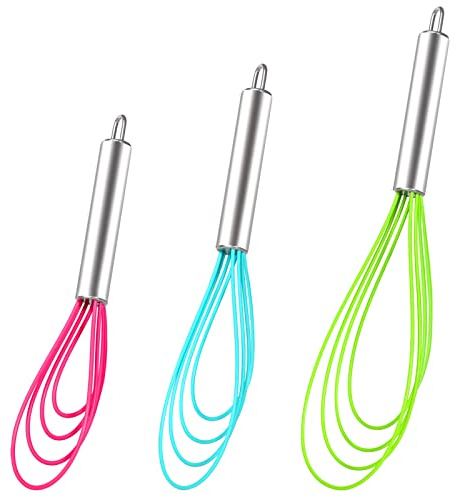 Webake Silicone Flat Whisk Set of 3, Heat Resistant Kitchen Whisks for Non-stick Cookware, Egg Beater Perfect for Blending, Whisking, Beating, Frothing & Stirring