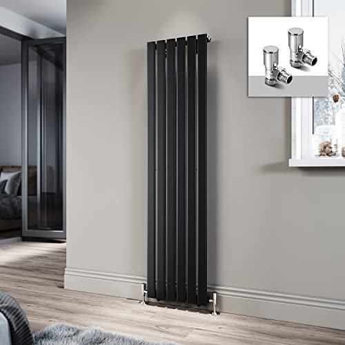 ELEGANT Black Vertical Radiator 1600 x 408mm Flat Panel Designer Radiator Single Panel Central Heating Radiator with Chrome Angled Radiator Valves