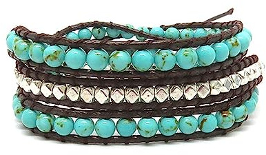Treasure Bay Layered Bead Bracelet, Bohemian Style Leather Crystal Beads Bracelet Multilayer Wrap Bracelet for Women and Girls (Blue Turquoise/Clear/Silver)