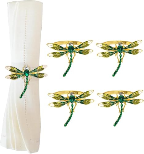Dragonfly Napkin Rings Set of 4,Green Dragonfly Napkin Holders Gold Metal Napkin Buckle Bulk for Thanksgiving,Christmas, Family Gather, Table Decoration Rings