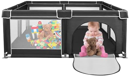 Laufstall für Babys, 180 x 150 cm, Aktivitätsgitter für Kinder, mit Basis, modular, faltbar, großer Laufstall für Kleinkinder mit Tür mit Reißverschluss (schwarz)