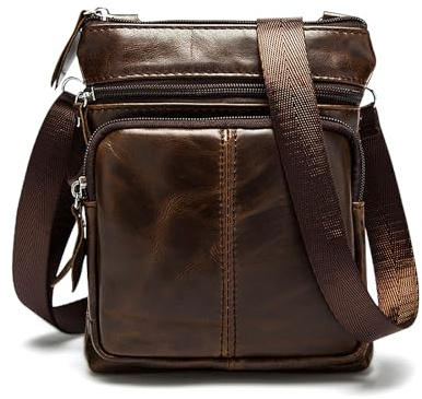 FuninCrea Vera Pelle Borsello Uomo Tracolla Piccolo Messenger Bag con 4 Tasche con Cerniera, Casual Borsello Uomo Pelle Morbido Borsa Tracolla Uomini con Spallacci Rimovibili, Marrone