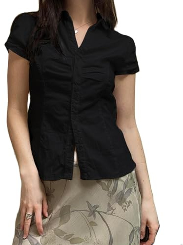 YILEEGOO Women's Basic Button Down Shirts Cap Sleeve Lapel Collar Tight Blouse Tie Up Back Slim Fit Tops Summer Office Shirt (Black, S)