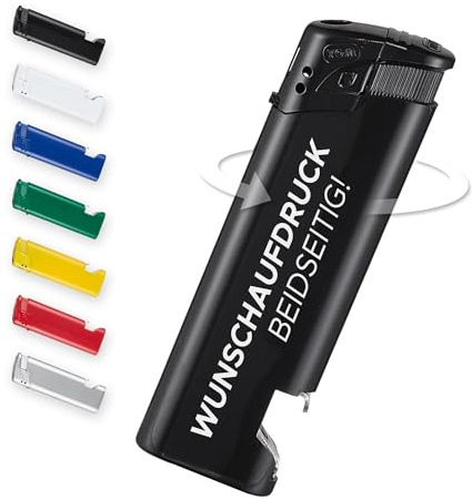 #teamludorf 100 Stück Schwarze Feuerzeuge mit Flaschenöffner - Nachfüllbar, robust, personalisiert mit eigenem Logo - Perfekt für Hochzeiten, Messen, Events & als Werbegeschenke