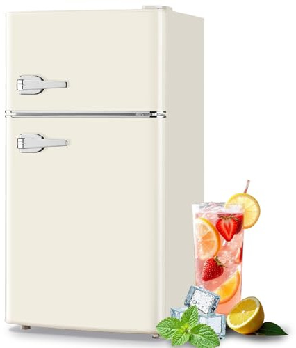 TACOOL Mini Refrigerator with Freezer Small Fridge Double Door Side Drink Holder Adjustable Glass Shelves, Plastic Crisper, 7 Level Temperature Control for Bedroom, Office, Apartment White
