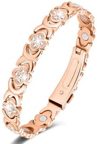 Jeracol 99% Copper Bracelet for Women,Magnetic Bracelet for Women with Lucky Clover Design,Adjustable Length with Sizing Tool in Gift Box(Rose Gold)
