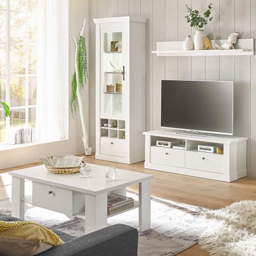 Lomadox Wohnwand Wohnmöbel Set, Pinie weiß, 4-teilig, Landhaus-Stil, Couchtisch, Vitrine, Wandboard, Lowboard, inkl. LED-Beleuchtung