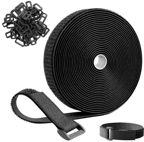 1 Roll 15m X 2.5cm Adjustable Cable Straps with 75 Buckles Hook and Loop Securing Strap Nylon Securing Cord Tie Reusable Fastening Cable Ties Cut to Length for Organizing Cables (Black)