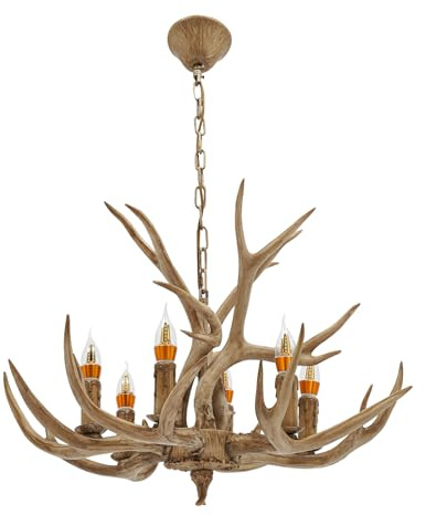 JJsdwin Retro Hirschgeweih Lampe, 6 Licht Harz Geweih Kronleuchte, Dekoration Vintage Stil Geweihlampe für Wohnzimmer,Schlafzimmer und Esszimmer