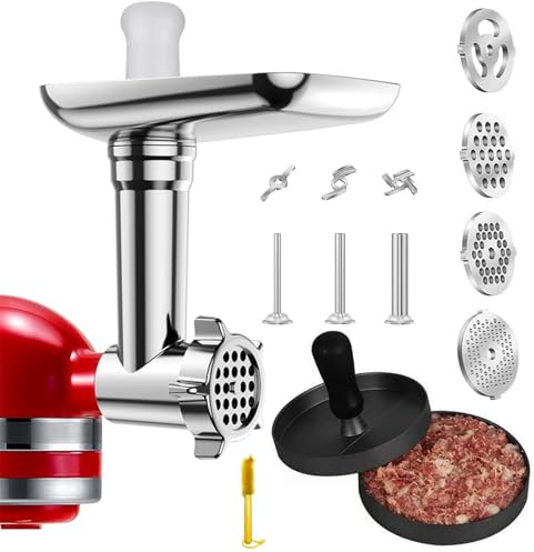 Fleischwolf Aufsatz für KitchenAid Mixer mit 3 Wurstfüllhörner, 3 Schleifklingen, 4 Mahlscheibe und Burgerpresse, Reinigungsbürste, Fleischwolf Zubehör, Edelstahl Food Grinder Aufsatz