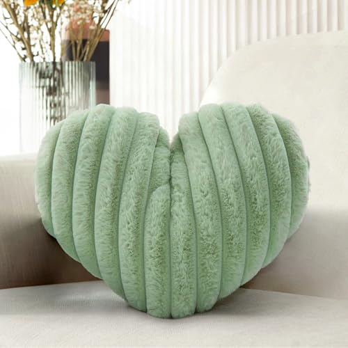 16 Inch Sage Green Heart Pillow Cute Decorative Throw Pillows, Heart Shaped Soft Fluffy Faux Fur Pillows Cushions for Couch Chair Bed Bedroom Room Home Decor Aesthetic (1, Green, Medium-16x13)