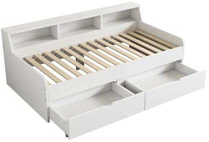 Modernes Tagesbett mit Schubladen und integriertem Regal,Einzelbett,Massivholz und MDF,Stauraumbett mit 2 großen Schubladen und seitlichen Ablagefächern,für Schlafzimmer Gästezimmer (Weiß,90x200cm)