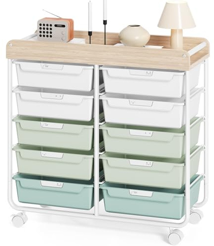 KINGRACK Rollcontainer mit 10 Schubladen, Rollwagen mit Schubladen für Bastelbedarf, Kunstmaterialien, Home Offices und Klassenzimmer (Grün)