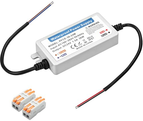 Muzveik Trasformatore LED 220V a 24V DC 36W 1.5A, IP67 Alimentatore Ultra Sottile con 2 Connettori per LED Esterno e Interno