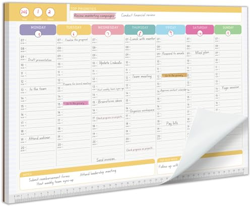 A3 Weekly Planner Pad, 52 Tear-Off Sheet Undated Daily Planner Desk Notepad | 120gsm Paper View to Week Planner Schedule Organiser for To Do List Study Work Home Meal Planning Habit Tracker