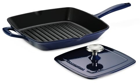Tramontina Bestow Emaillierte Gusseisen-Grillpfanne mit Presse, 27,9 cm, Blau