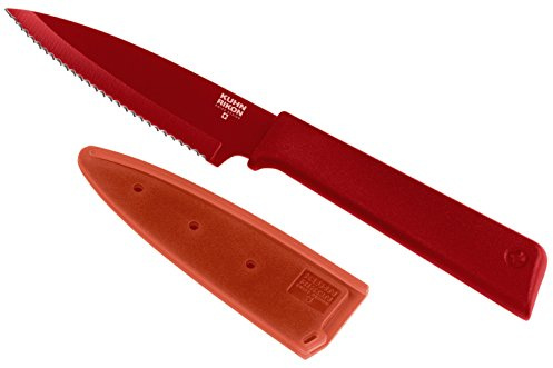 KUHN RIKON Colori+ Rüstmesser gezackte Klinge mit Klingenschutz, antihaftbeschichtet, Edelstahl, 19 cm, rot, 4