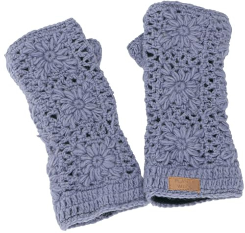 GURU SHOP Gehäkelte Handstulpen Blümchen, Armstulpen aus Schurwolle, Pulswärmer, Herren/Damen