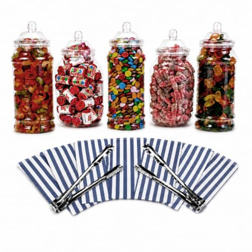 5 x 1L Jars, 2 Tongs, 50 Candy Stripe Bags - Vintage Victorian Pick & Mix Sweet Shop Candy Buffet Kit Party Pack (Blue)