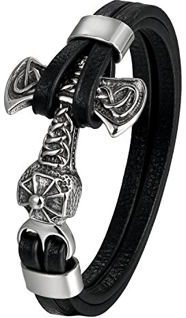 OIDEA Herren Armband Leder Schwarz: Lederarmband Löwenkopf Motorrad Thors Hammer Armreif Löwe Kopf Geflochten Biker mit Leder Schließe Handgelenk Totenkopf Schädel Armschmuck Geschenk