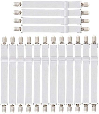 16 Stück Verstellbare Bettlakenspanner, Betttuchspanner verstellbar Elastische Bettlakenspanner Lakenspanner mit Metallclips matratzenspanner für Bettlaken, Matratze(16pcs-White)