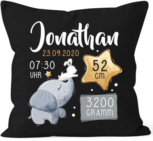 SpecialMe® personalisierbarer Kissen-Bezug zur Geburt Elefant Hase Stern Geburtskissen Geschenk Geburt Baby Schwarz 40cm x 40cm