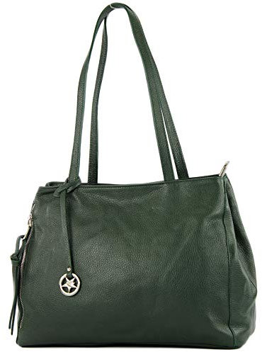 modamoda de T205 Damen Leder Schultertasche Shopper Henkeltasche handmade in Italy, Farbe:Schwarzgrün